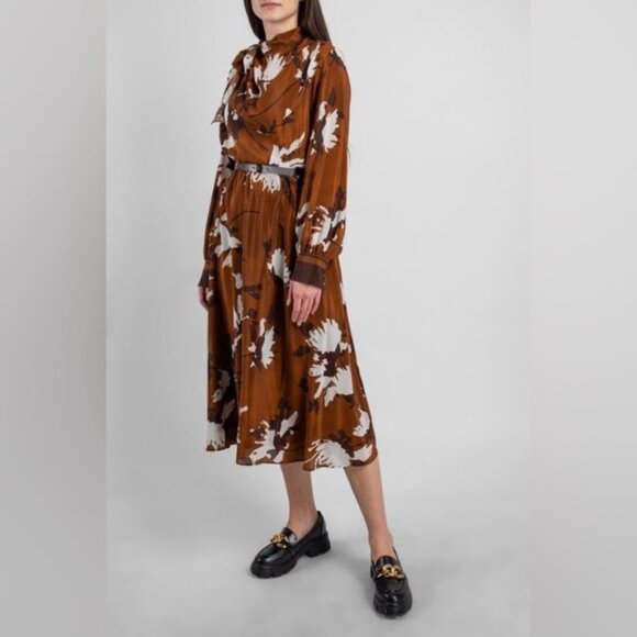 MaxMara Studio 100% SILK Floral Neck Tie Midi Dress Brown No Size Tag L / XL - Picture 1 of 14